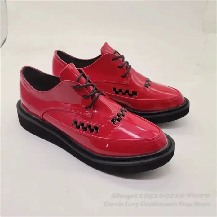 Chaussures unisexes à lacets en cuir verni rouge à bout pointu, motif léopard, talon épais, boucle e