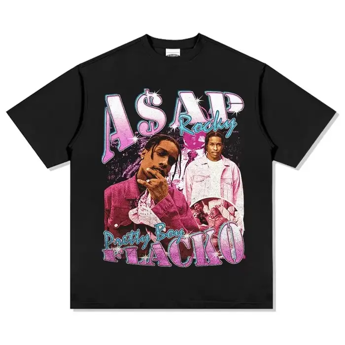 T-shirt en coton avec portrait graphique ASAP Rocky, nouvelle collection été 2026, col rond, style Y