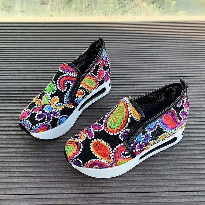 Chaussures compensées pour femmes, baskets à plateforme en maille brodée, bout rond, motif Floral, n