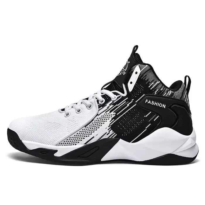 Chaussures de basket-ball montantes noires et blanches pour hommes - Baskets athlétiques en maille respirante