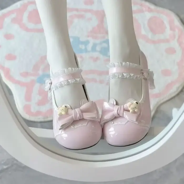 Escarpins Lolita à talon bas pour femme, chaussures en cuir style ballerine à bout rond, avec nœud, 
