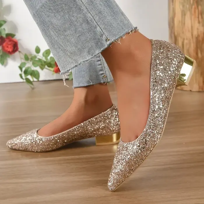 Chaussures plates pour femmes 2025 talon bas bouche peu profonde paillettes printemps et automne