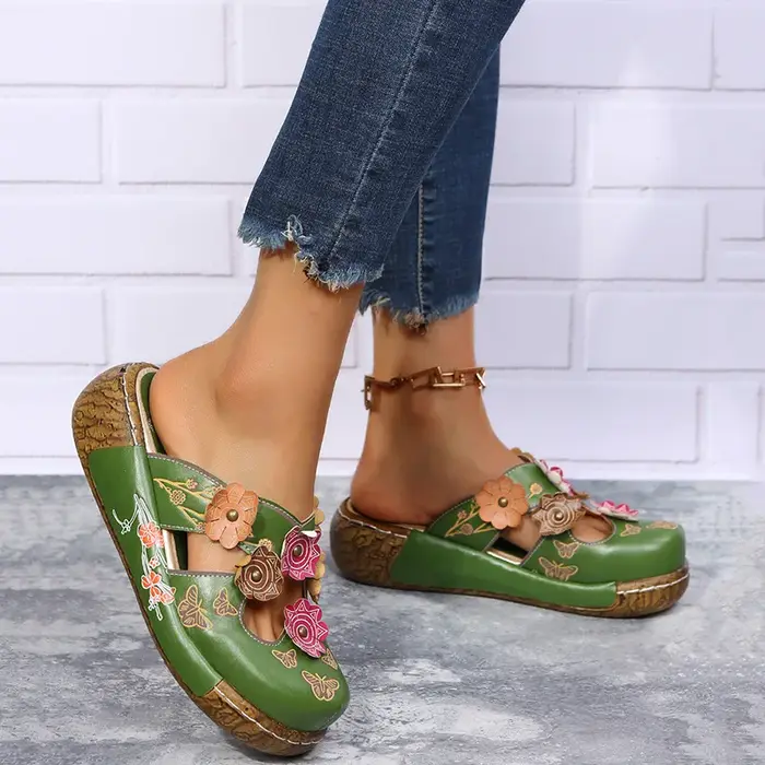Sandales d'été ethniques à fleurs pour femmes, style rétro, plateforme légère, à enfiler, faites à l