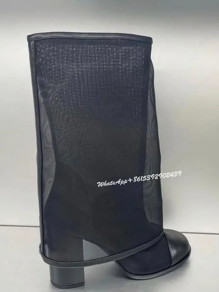 Bottes en Maille à Manches Rabattables pour Femme, Chaussures à Talon Creux, Noir, Rond, Essence, Él
