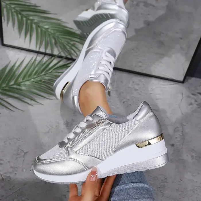 Mode fond épais argent baskets femmes 2025 printemps talon compensé chaussures vulcanisées femme confortable à lacets Sport Sneaker Mujer