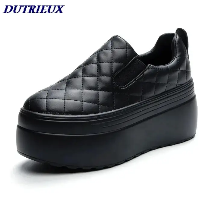 Plate-forme chaussures compensées printemps automne tête ronde couleur unie grosses baskets décontracté sans lacet mocassins Femininas 2025