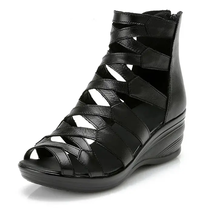 BEYARNE été mode sandales en cuir véritable semelle souple confortable bout ouvert compensées mère chaussures