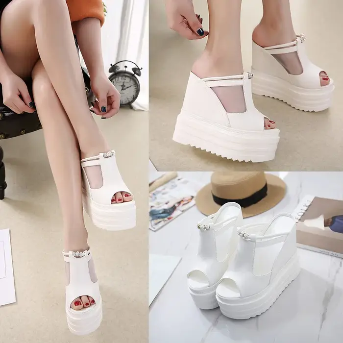 2025 diapositives compensées femmes sandales 14 cm Super chaussures à talons hauts dames semelles épaisses plate-forme Sexy maille bouche femme pantoufles d'été
