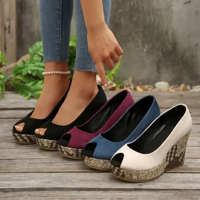 LIHUAMAO daim compensées femmes talons hauts peep toe chaussures plate-forme pompes