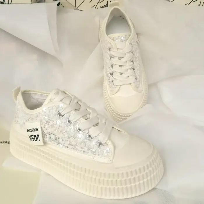 Nouveau Air Mesh blanc chaussures brillant paillettes femmes décontracté à semelles épaisses