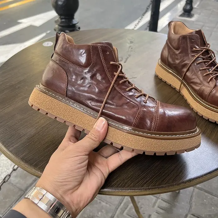 YETTIES – bottes de Combat en cuir véritable pour hommes, bottes de travail à semelle épaisse mi-mol