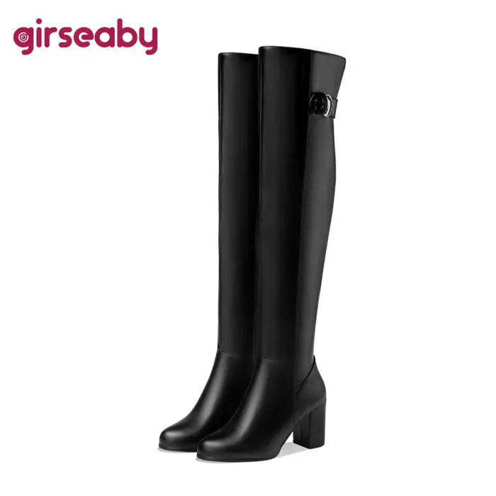 Girseaby Sexy dames mi bloc talon sur genou bottes en cuir PU grande taille 52 fête chaud hiver pelu