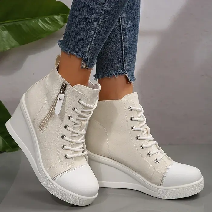 Mélange de couleurs blanc noir haut chaussures en toile compensées femme automne 2025 à lacets plate-forme baskets pour