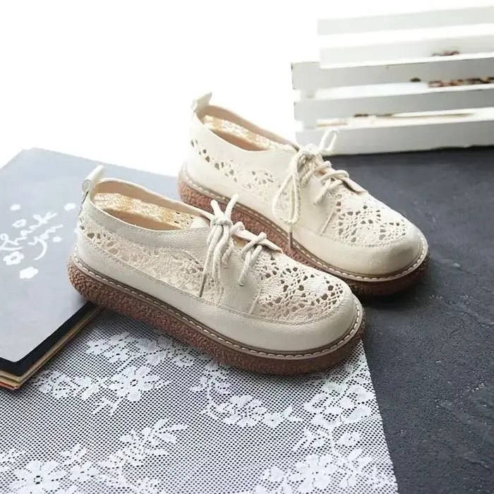 Beige été respirant style maille mocassins femme décontracté à lacets appartements 3 cm d'épaisseur bas découpes tricot chaussures rondes