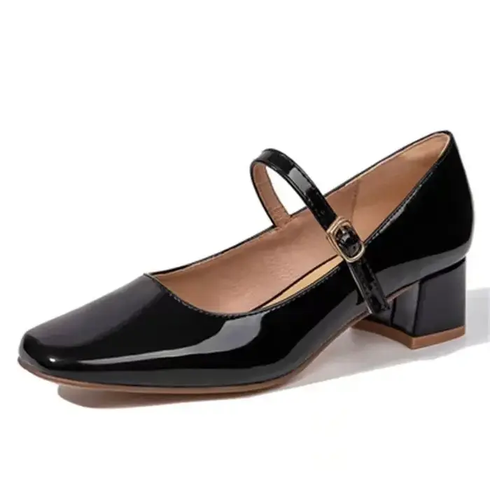 Escarpins Mary Jane en cuir verni bordeaux pour femmes – Chaussures habillées à double boucle dorée d'inspiration vintage à talon bas bloc 2026