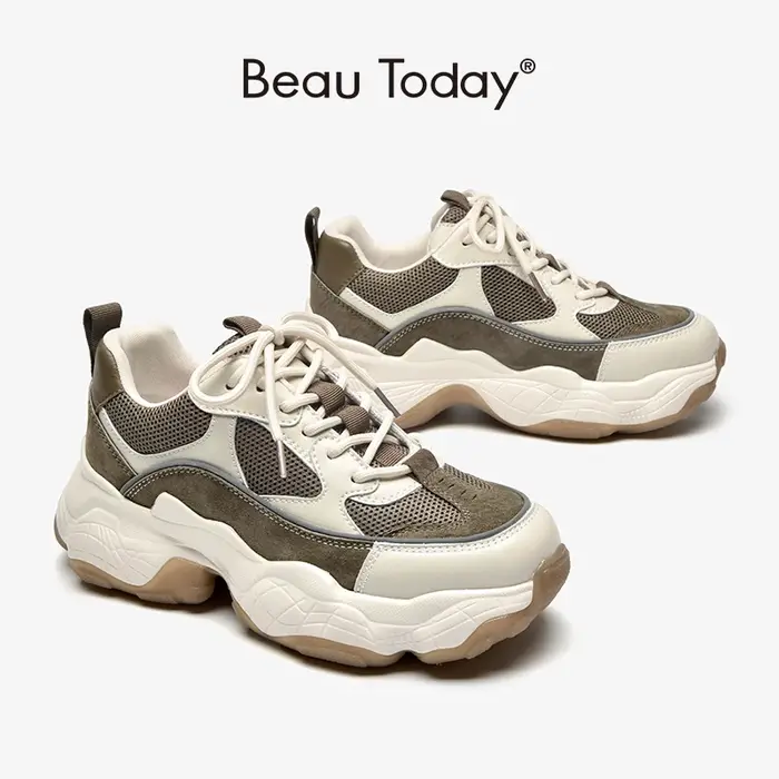 BEAUTODAY-Baskets épaisses en cuir véritable pour femmes, patchwork de maille, Parker rond, semelle