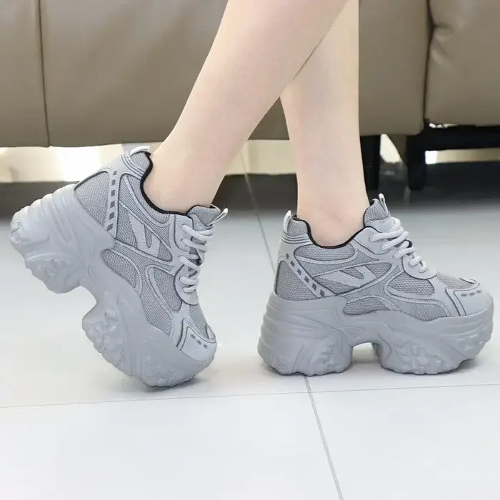 Baskets Chunky 12 cm pour Femme – Chaussures Confortables en Cuir Véritable à Plateforme et Talon Compensé pour le Quotidien et le Bureau