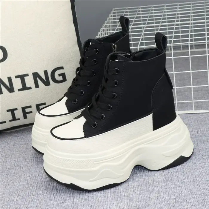 Chaussures à Semelle Compensée en Cuir pour Femme, Baskets de Marche, Talons Cachés, Épais, Mode de
