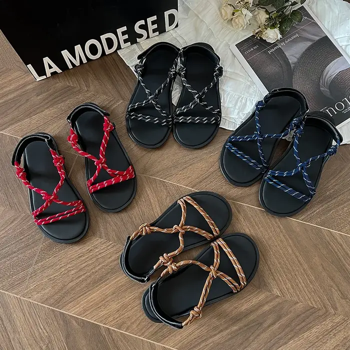Corde tissage Rome été sandales femmes décontracté plage Gladiatod chaussures plates dames crochet boucle