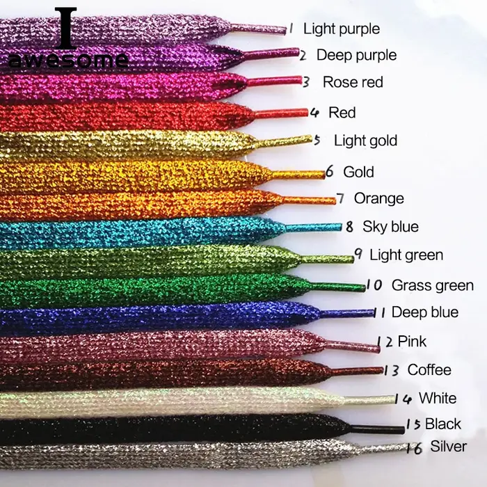 16 couleurs 110 cm paillettes brillantes or et argent lacets lumineux colorés Sneaker chaussures de Sport