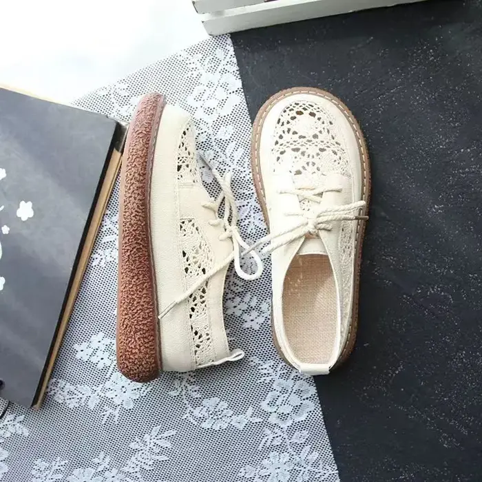 Beige été respirant style maille mocassins femme décontracté à lacets appartements 3 cm d'épaisseur bas découpes tricot chaussures rondes