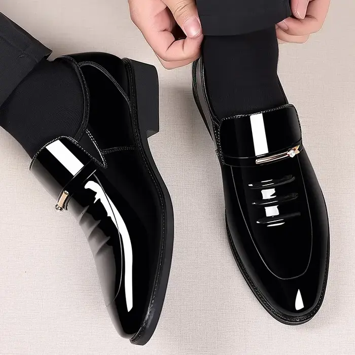 Chaussures en cuir verni pour hommes, mocassins à enfiler, chaussures d'affaires décontractées, poin