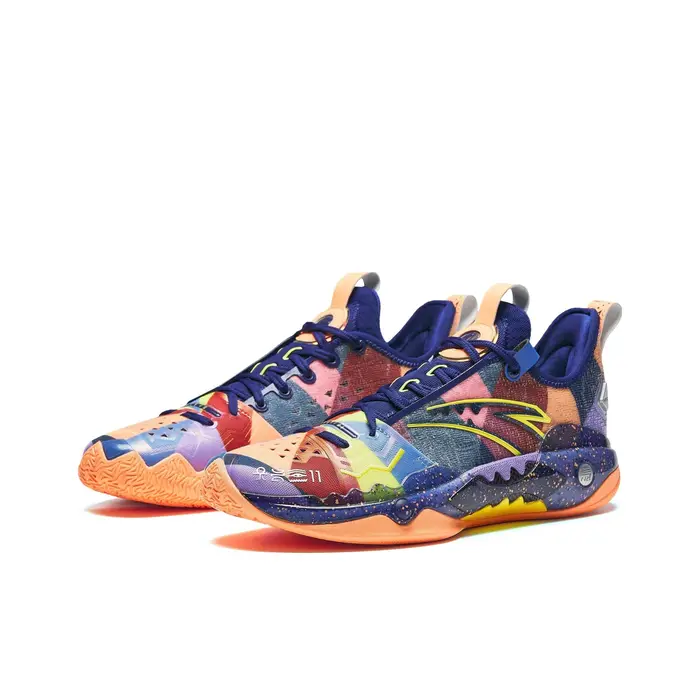 POIZON Anta Shock Wave 5 Pro Chaussures de basket-ball basses résistantes à l'usure pour hommes Bleu Orange 112421111S-2
