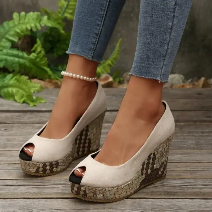 LIHUAMAO daim compensées femmes talons hauts peep toe chaussures plate-forme pompes chaussures de fê