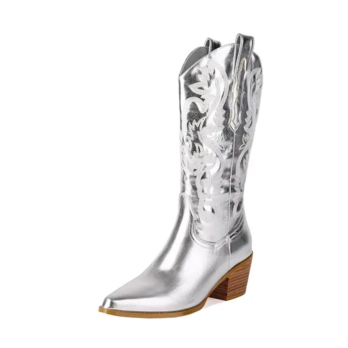 Femmes pointues automne et hiver mode talon carré Tube moyen Western Cowboy chevalier robe fête vêtements de travail bottes de marche 382