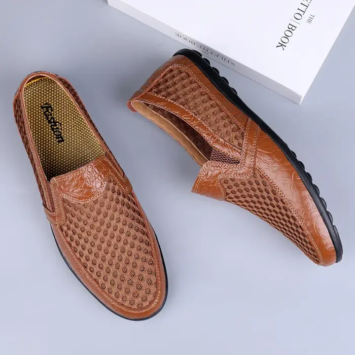 FUQIAO 2026 Nouvelles Chaussures Décontractées Homme Été Confortables en Maille Cuir Véritable Tendance Souples