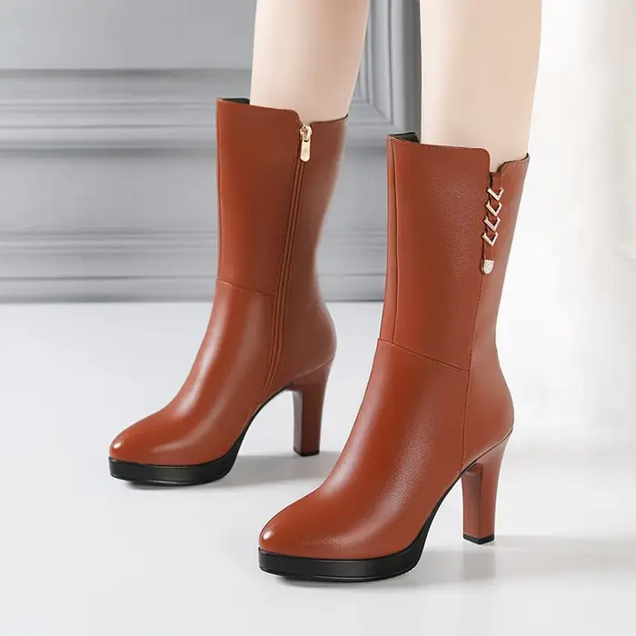 Bottes de moto mi-mollet en cuir peluche pour femmes