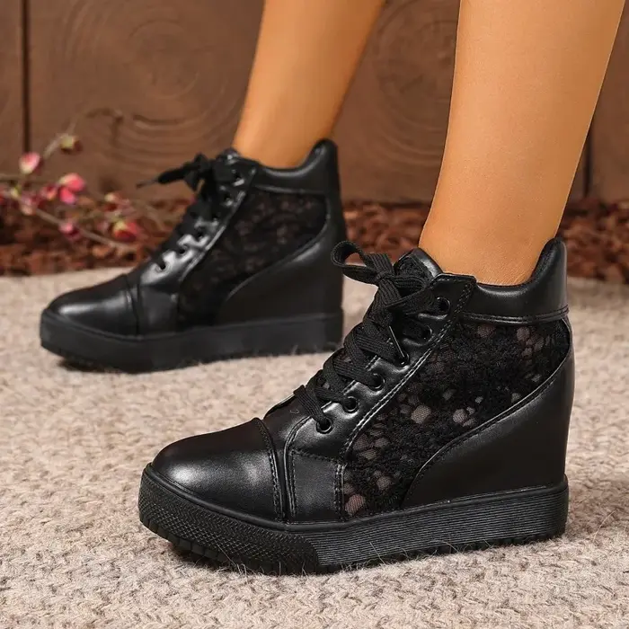 Baskets à plateforme compensée pour femmes, chaussures en caoutchouc et cuir à talons hauts, à lacet