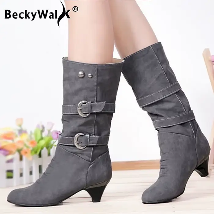 2025 nouvelle mode femmes bottes à talons épais décontracté bout rond femme chaussures automne hiver mi-mollet