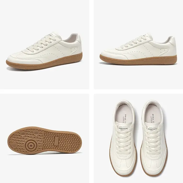 BEAUTODAY baskets blanches femmes cuir de vache à lacets bout rond couture dames chaussures d'entraînement à la main 29932