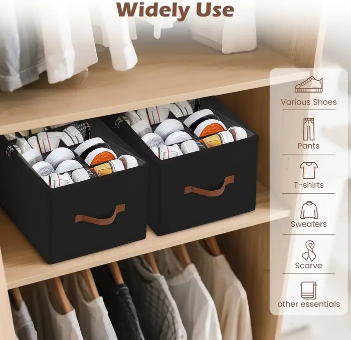 Boîte de rangement pour chaussures pliable en tissu, grande capacité avec couvercle transparent, anti-poussière, poignées pour placard, entrée, chambre