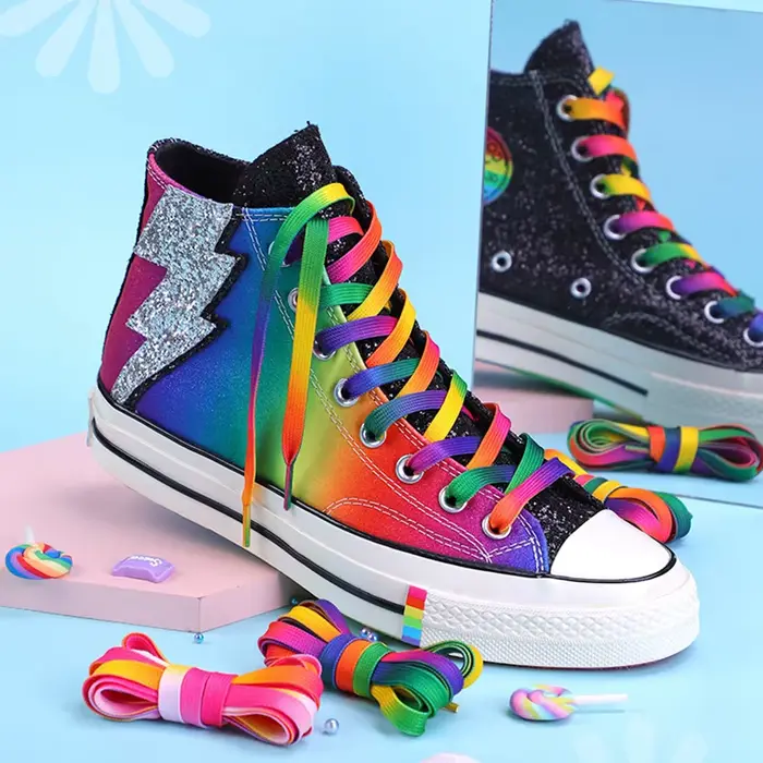 Lacets plats couleur arc-en-ciel lacets décontractés chaussures en toile coloré lacet imprimé dégrad