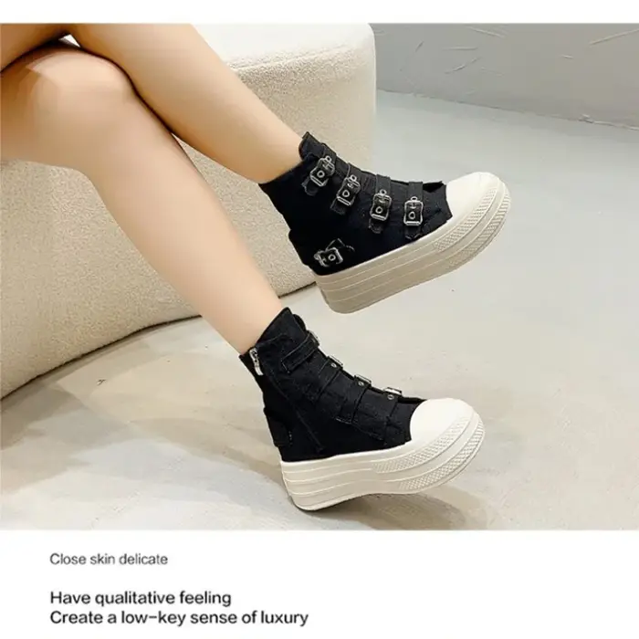 Femmes plate-forme toile chaussures en plein air Goth Punk polyvalent Sneaker boucle sangle conception haut à la mode bottes à glissière femme Cosplay
