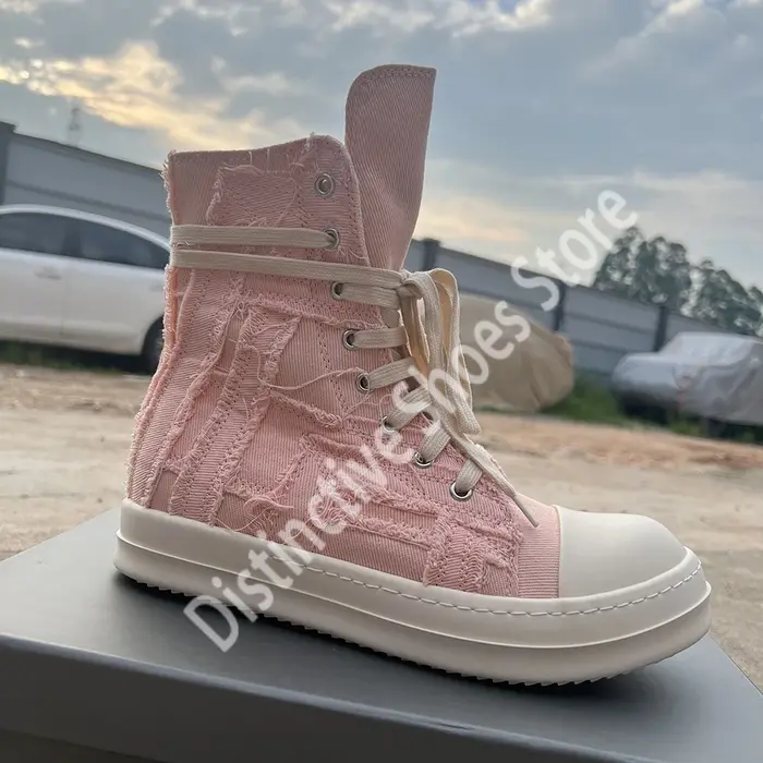 Baskets montantes déchirées en toile rose pour hommes