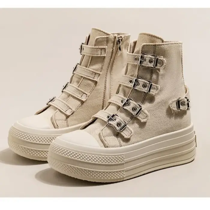 Femmes plate-forme toile chaussures en plein air Goth Punk polyvalent Sneaker boucle sangle conception haut à la mode bottes à glissière femme Cosplay