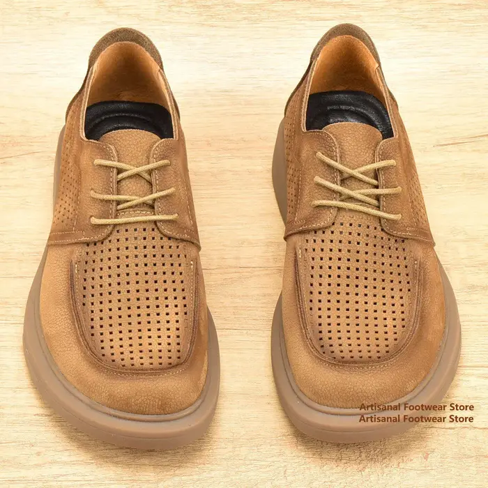 Chaussures en cuir respirantes ajourées pour hommes, en cuir de vachette souple, chaussures en cuir 