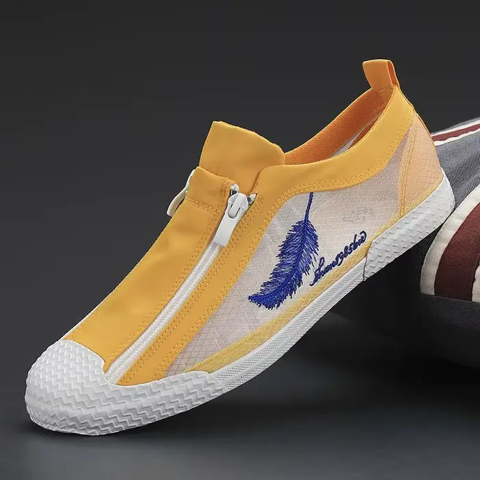 Mocassins plats en toile à double fermeture éclair pour hommes, chaussures canisées pour écoliers, b