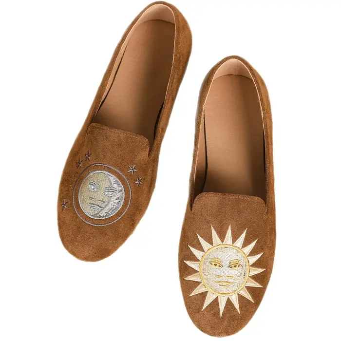 Chaussures plates brodées style londonien en cuir véritable à enfiler