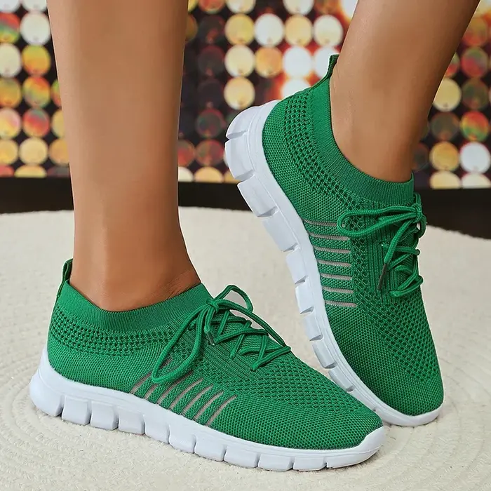 Chaussures de Marche Tricotées à Semelle Souple Verte pour Femme, Baskets Confortables en Maille Res