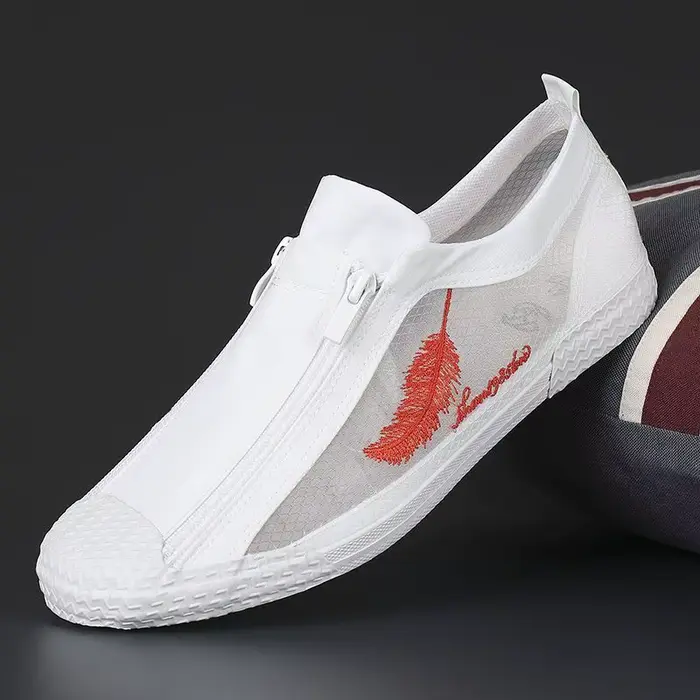 Mocassins plats en toile à double fermeture éclair pour hommes, chaussures canisées pour écoliers, b