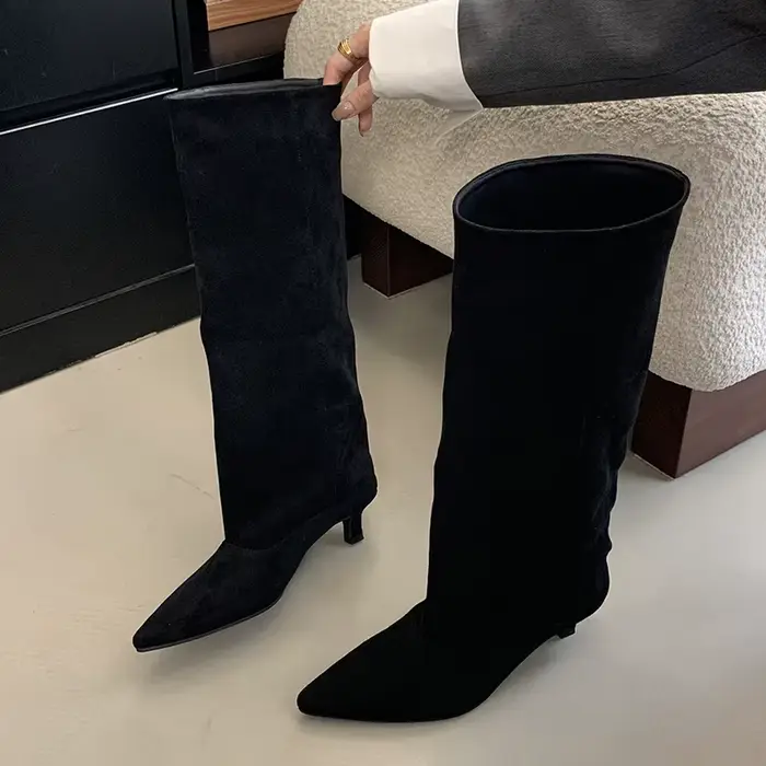 Automne hiver Style De rue bout pointu bottes hautes femmes talons bas chaussures femme chaussons lo
