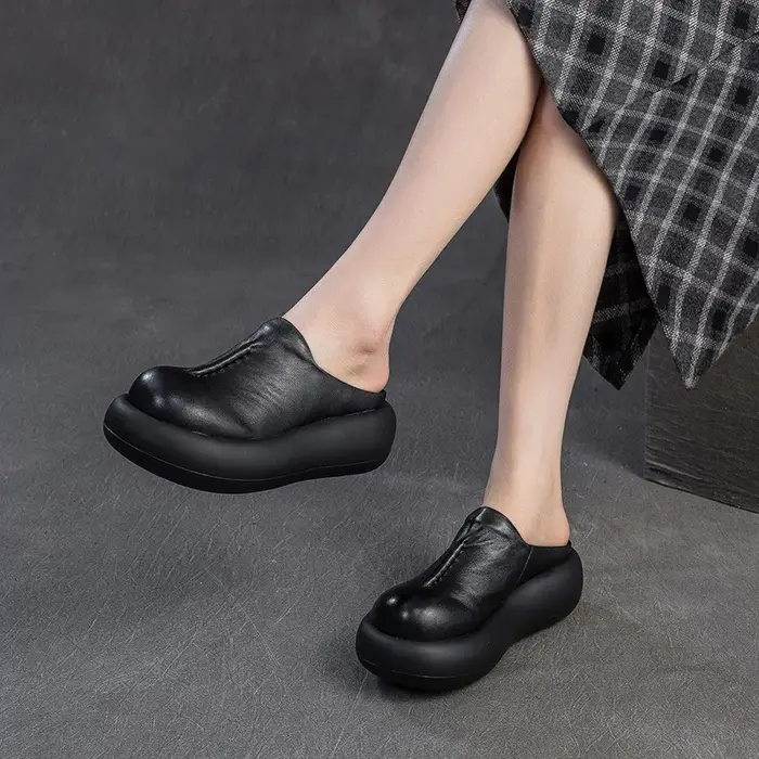 GKTINOO 2026 Nouvelles sandales d'été à semelle épaisse en cuir véritable à bout rond polyvalentes pour femmes