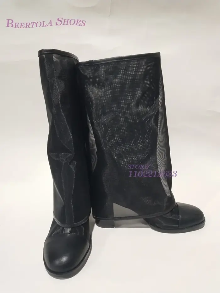 Bottes en Maille à Manches Rabattables pour Femme, Chaussures à Talon Creux, Noir, Rond, Essence, Él