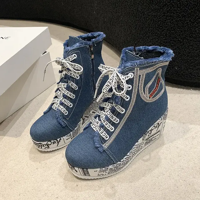 Femmes nouveau Denim baskets à semelles compensées plate-forme printemps automne décontracté chaussures vulcanisées mode dames côté fermeture éclair fond épais talon haut
