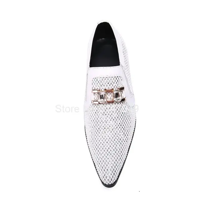 Chaussures de mariage pour hommes à bout pointu blanches avec anneaux en cristal