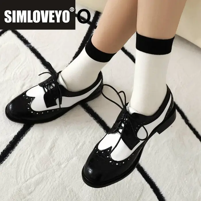 SIMLOVEYO Design chaussures plates pour femme bout rond à lacets couleur mixte respirant Oxford chau